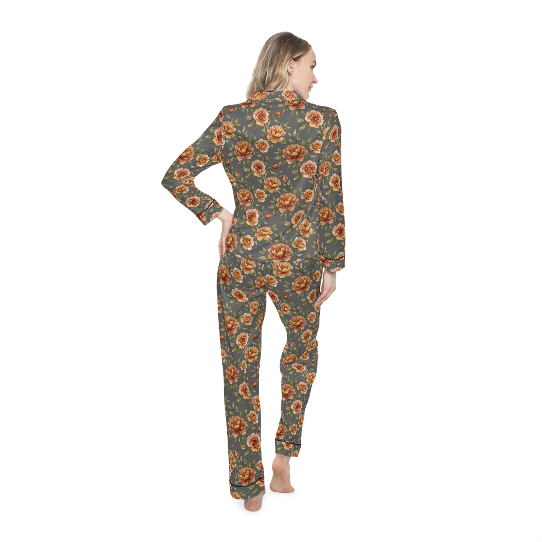 Floral satin pajama set top, camera-appropriate for video calls