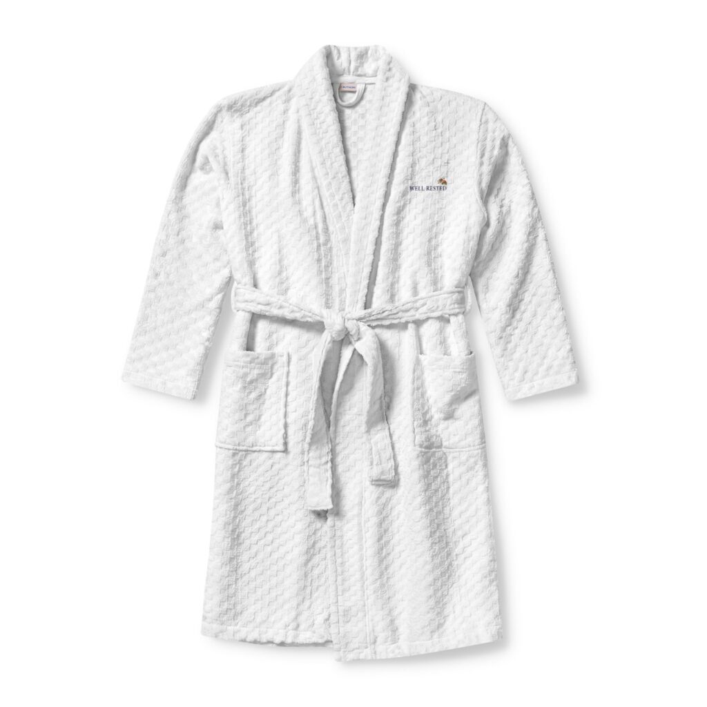 Embroidered Terry Shawl Robe — White Spa Robe with Pocket